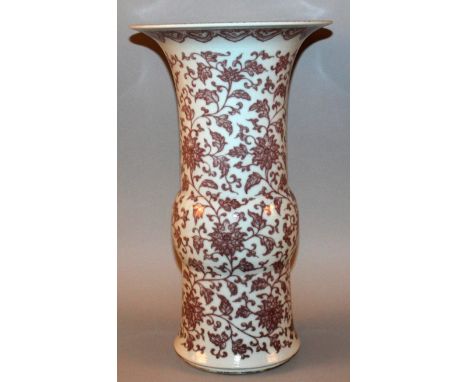 A LARGE CHINESE UNDERGLAZE COPPER-RED PORCELAIN VASE, of near Yen-Yen form, the sides decorated with an overall formal design