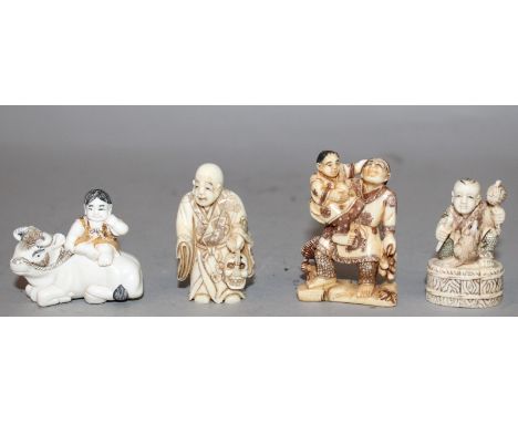 A GROUP OF FOUR 20TH CENTURY SIGNED JAPANESE IVORY NETSUKE, each with stained and engraved decoration, three of standing figu