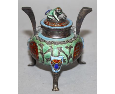 A SMALL CHINESE ENAMELLED SILVER-METAL TRIPOD CENSER &amp; COVER, sides decorated with auspicious characters in red reserved 