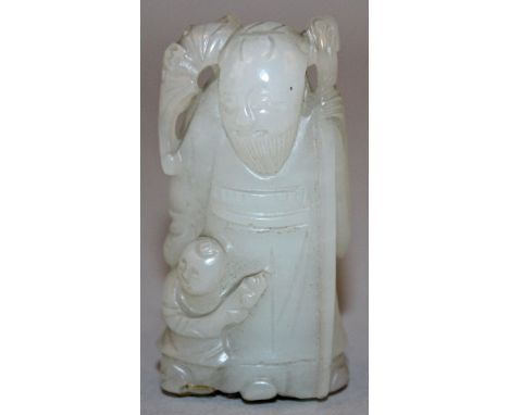 A 19TH CENTURY CHINESE PALE CELADON JADE CARVING OF SHOU LAO, the deity holding a staff, with a bat on his shoulder and in th