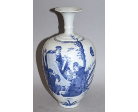 A CHINESE BLUE & WHITE PORCELAIN VASE, decorated with a scene of sages examining a scroll, 9.75in high.