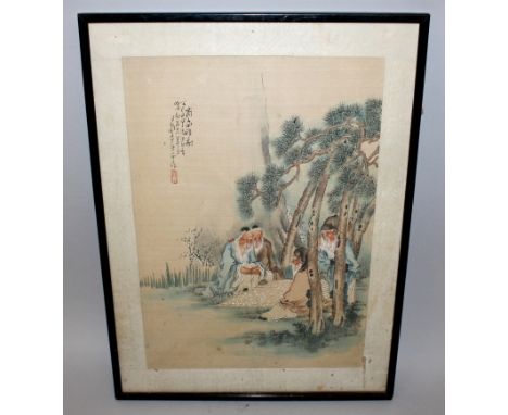 AN EARLY 20TH CENTURY FRAMED CHINESE PAINTING ON SILK, depicting four sages in a pine grove seated and playing a board game, 