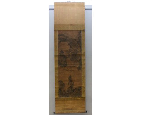A 19TH/20TH CENTURY CHINESE HANGING SCROLL PAINTING ON SILK, depicting sages in a mountainous river landscape setting, the pa