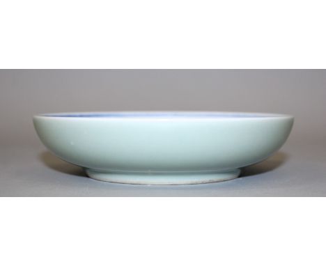 A GOOD QUALITY CHINESE BLUE & WHITE PORCELAIN DISH, with a celadon glazed underside rim, the interior decorated with a detail