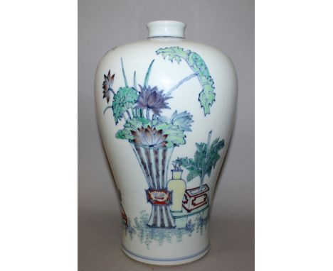 A LARGE GOOD QUALITY CHINESE DOUCAI MEIPING PORCELAIN VASE, the sides decorated with bronze-form vases of flowers and other o