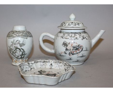 THREE 18TH CENTURY CHINESE EXPORT QIANLONG PERIOD EUROPEAN SUBJECT GRISAILLE & IRON-RED PORCELAIN TEA WARES, comprising a tea