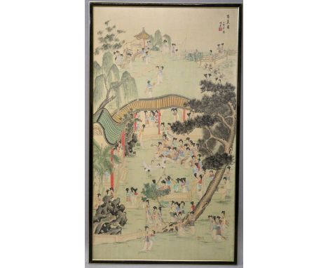 A 20TH CENTURY CHINESE FRAMED PAINTING ON SILK, depicting in vivid colours an elaborate garden scene of an assembly of ladies