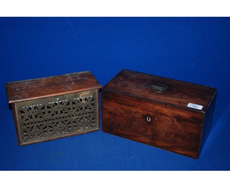 A Collection Box with ornate carved brass plate along with a Mahogany Tea Caddy with rosewood banding