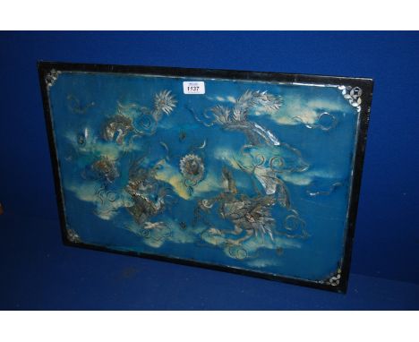 An oriental painting on board with birds and dragons in applied Mother of Pearl, 23 1/2'' x 15 1/2''.
