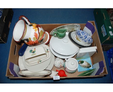 A quantity of china including Mallard Bookends, an Arden Burleigh dish, a Gisela Graham preserve pot, a large brown floral ju
