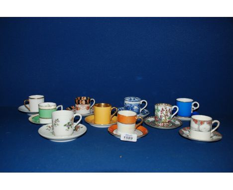 Ten 19/20th c. Coffee Cans with saucers including Crown Ducal, Coalport, Carltonware, etc.