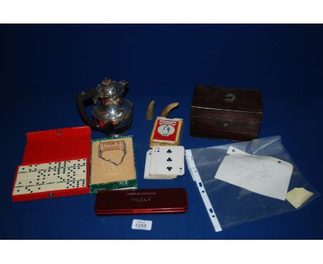 A wooden Tea Caddy, plated water Jug, Playing Cards, Dominoes, etc.