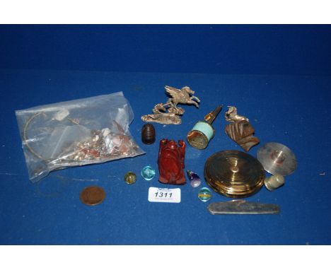 A Ladies Compact, various white metal animal Figures, carved oriental Figure, steel Pen Knife, etc.