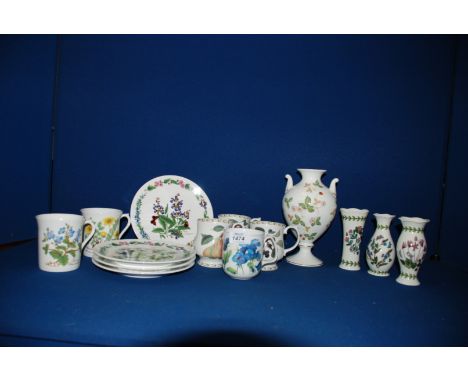 A quantity of china including three Portmeirion bud vases, four Royal Worcester floral plates, six various floral mugs and va