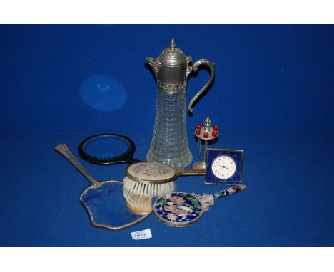 Four Dressing Table Mirrors including one with enamel pattern, a Swiza enamelled clock, glass jug with plated lid etc.
