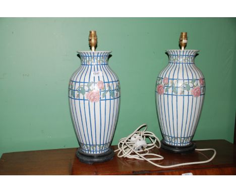 A pair of China Lamp bases by Carlos Remes in trellis and rose pattern.