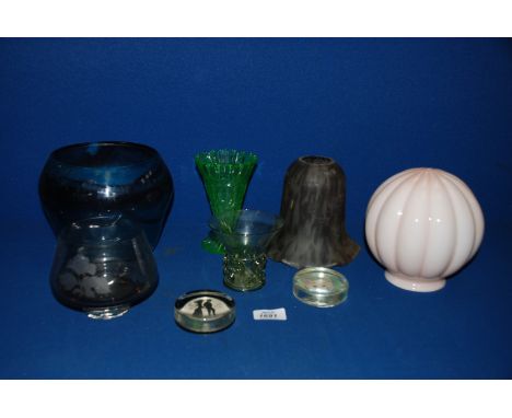 A quantity of glass including pink lamp shades, studio glass vase, Caithness paperweights, green glass bubble feature Vase si