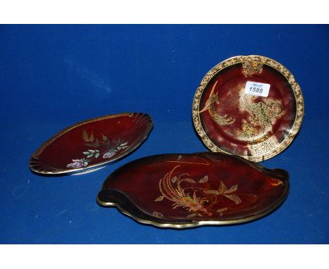 Three pieces of Crown Devon Ruby Lustre ware