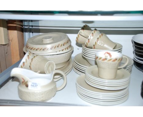 A six setting Dinner/Tea service in Royal Tudor ware 'Autumn Glory' pattern plus lidded vegetable dish, gravy boat, etc.  