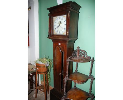 An early 19th c. Oak cased country Long case Clock, having moulded cornice over single pane glazed door flanked by turned sup