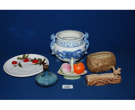 A quantity of china including a small Wade trough with a squirrel, a small Chinese Onion Vase, Italian Fruit Saucer, modern C