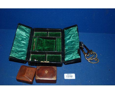 A Boots leather velvet lined Travel Jewellery Case, two Italian leather Stud Boxes and a Hair Comb