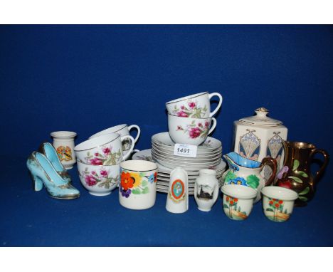 A part pink rose Chinese Teaset, Masons octagonal jar, hand painted milk jug and egg cups, etc.
