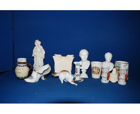 A quantity of china including commemorative mug, Dartmouth pottery jug, planter, candlestick, etc,