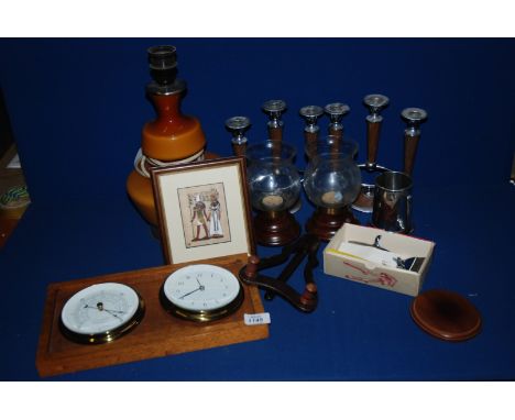 A quantity of miscellanea including Comith Barometer, candlestick, brown and chrome electric lamp, set of Burman clippers, et