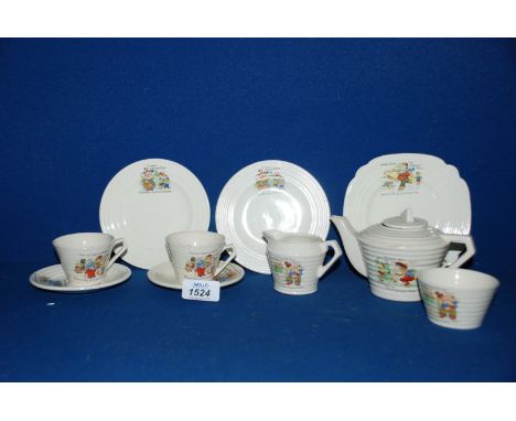 An Art Deco child's Tea for Two Teaset comprising teapot, two cups and saucers, tea plates, sugar bowl, milk jug (some a/f) 