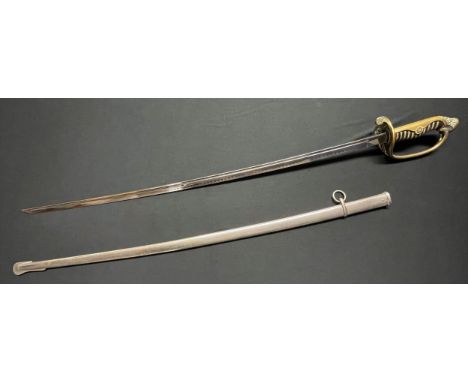 WW2 Imperial Japanese Army Officers Kai Gunto Pattern Sword with fullered single edged machine made blade 790mm in length. Ar