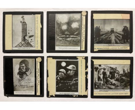 WW1 British set of six magic lantern slides depicting Bruce Bairnsfather's "Old Bill" cartoons. 