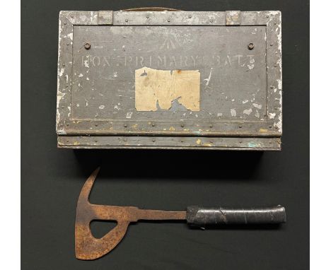 WW2 British RAF Escape Axe, rubber handle a/f along with a Box Primary Battery. (2)