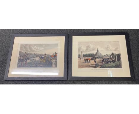 Pair of framed prints featuring the Royal Artillery. Size overall 54cm x 44cm. Royal Artillery Repository Exercises 1844 and 