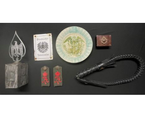 Collection of mixed militaria items to include reproduction German desk ornament, repro enamel sign, repro WW1 German shoulde