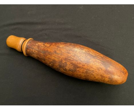 An unusual 19thC powder flask formed from a gourd, boxwood screwcap and mounts, c.1880. Length approx. 225mm. 