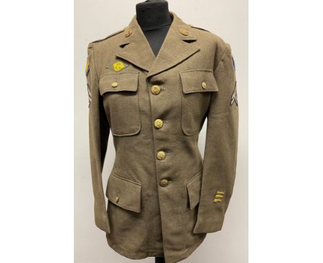 WW2 USAAF Enlisted Mans Four Pocket Tunic with USAAF and 20th Air Force shoulder sleeve insignia, Corporals rank insignia, ov