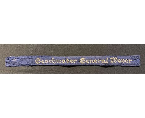 WW2 Third Reich Luftwaffe Cuff Title "Geschwader General Wever". Cut down uniform removed. Mothed overall. Has been stitched 