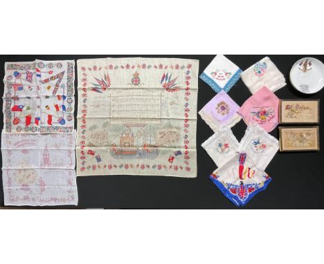 WWI British silk handkerchiefs; framed silk postcards x 2, Territorial Army commemorative china sauser. Plus later WW2 RASC h