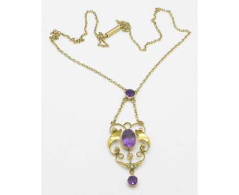A 9ct gold, amethyst and seed pearl necklace, 4.8g