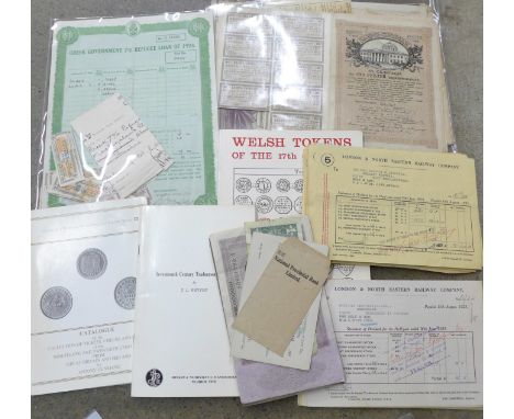 A collection of financial ephemera including Russian, Ottoman and Greek share/loan certificates and coupons, LNER railway div
