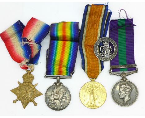 A trio of WWI medals including Mons Star to 7750 Pte. F.B. Howe RAMC, a George VI General Service Medal to 2628982 L/Cpl. K. 