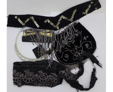 A 1920's flapper head band, scarf, choker and Art Deco comb set and bag