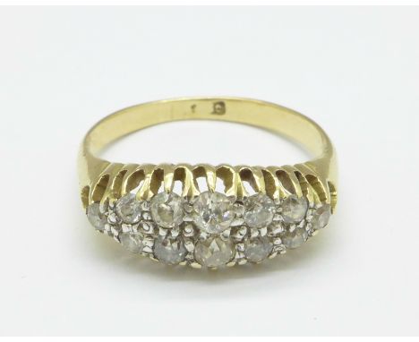 A yellow metal set diamond ring, 3.9g, O, hallmark worn