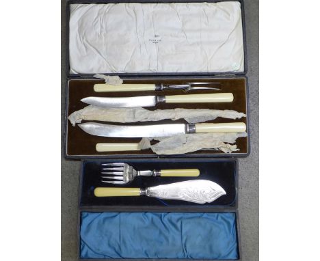 A cased carving set with silver ferrules and a cased fish knife and fork with silver ferrules