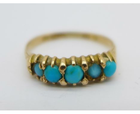 A Victorian 15ct gold and turquoise ring, Birmingham 1873, 2.3g, P, shank a/f