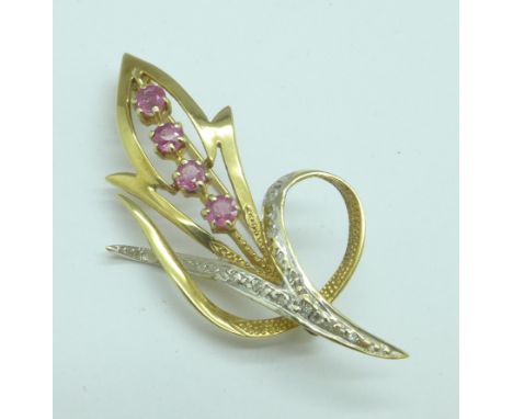 A 9ct gold, ruby and diamond brooch, 3.9g