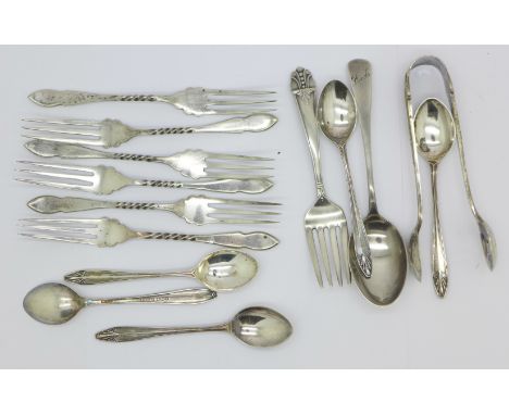 Six silver spoons and a sterling fork, 66g, six plated forks and a pair of sugar bows