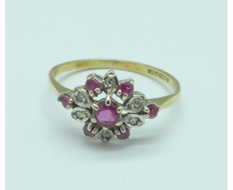 A 9ct gold, ruby and diamond cluster ring, 1.3g, M