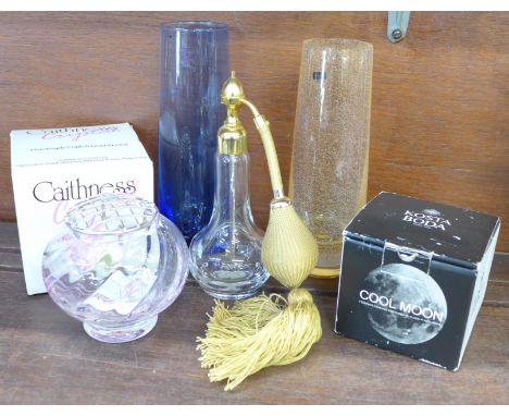 Three Caithness glass vases, one boxed, a Kosta Boda candle holder and a scent bottle